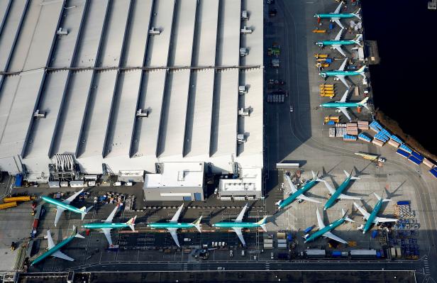 FILE PHOTO:  An aerial photo shows Boeing 737 MAX airplanes parked on the tarmac at the Boeing Factory in Renton