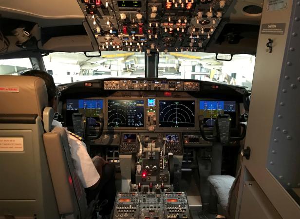 FILE PHOTO: The cockpit of Jet Airways Boeing 737 MAX 8 aircarft is pictured during its induction ceremony at the Chhatrapati Shivaji International airport in Mumbai