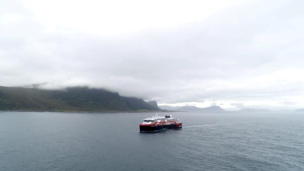 Hurtigruten's cruise ship MS Roald Amundsen is seen in the sea near Ulsteinvik