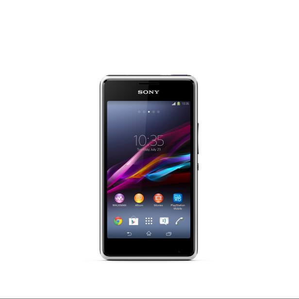 Ein Sony Smartphone mit dem Startbildschirm, der Apps wie Walkman und Playstation Mobile zeigt.