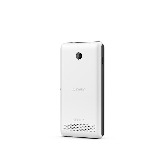 Die Rückseite eines weißen Sony Xperia Smartphones ist zu sehen.