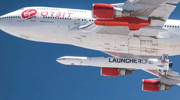 Richard Branson's Virgin Orbit, releases a rocket from underneath the wing of a modified Boeing 747 jetliner during a high-altitude drop test off the launch system for satellites from Mojave, California