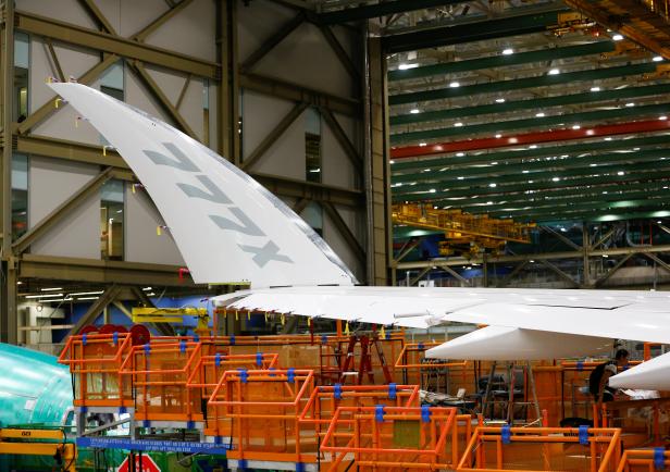 The signature folding wingtip of a 777X aircraft is seen during a media tour of the Boeing 777X at the Boeing production facility in Everett
