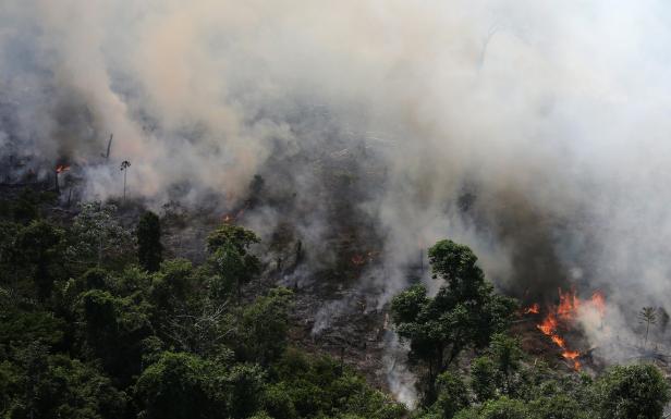 An aerial view of a tract of Amazon jungle burning as it is being cleared by loggers and farmers near the city of Novo Progresso