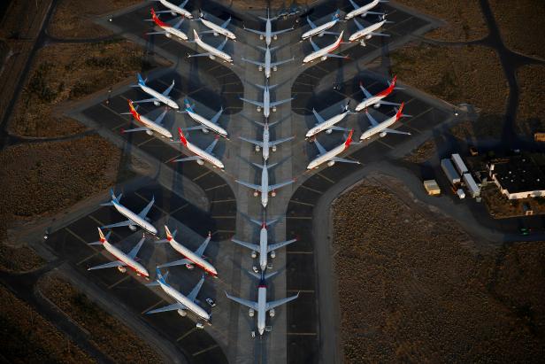 An aerial photo shows Boeing 737 MAX aircraft at Boeing facilities at the Grant County International Airport in Moses Lake