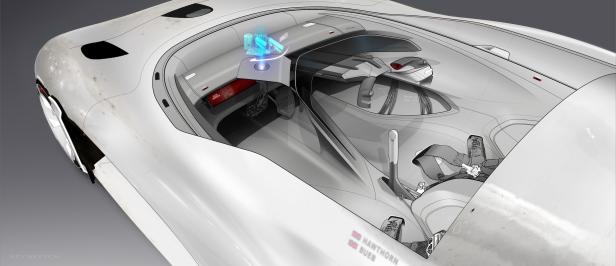Ein Blick in das Innere eines futuristischen, weißen Autos mit Hologramm-Display.
