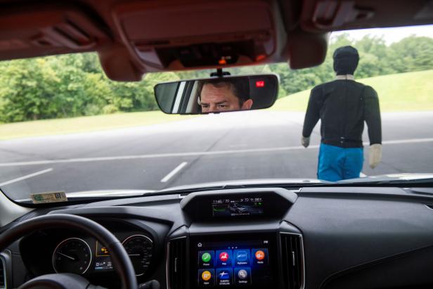 FILE PHOTO: IIHS technician Floyd demonstrates pedestrian crash prevention test on Subaru Forester at IIHS-HLDI Vehicle Research Center in Ruckersville, Virginia FILE PHOTO: IIHS technician Floyd demonstrates pedestrian crash prevention test on Subaru Forester at IIHS-HLDI Vehicle Research Center in Ruckersville, Virginia