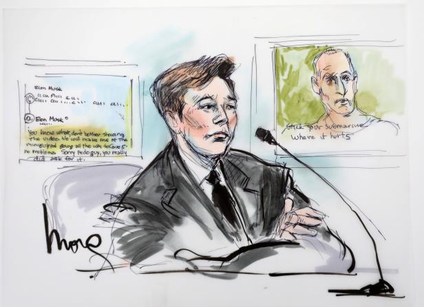Elon Musk is shown in a courtroom drawing in court during the trial in a defamation case filed by British cave diver Vernon Unsworth, in Los  Angeles, California