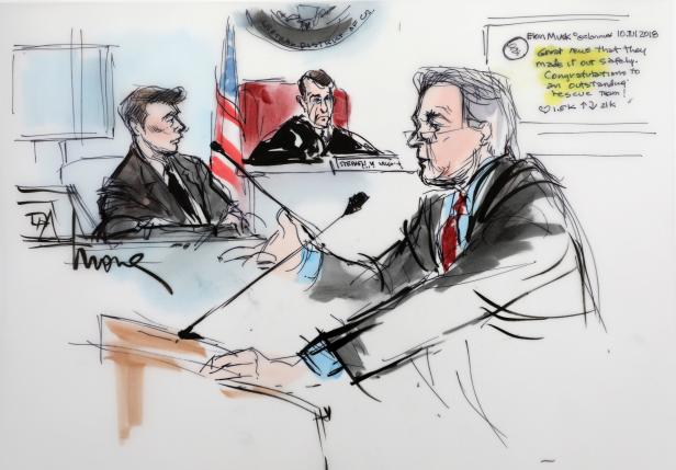 Plaintiff attorney L. Lin Wood is shown with Elon Musk and Judge Stephen Brown looking on, in a courtroom drawing during the trial in a defamation case filed by British cave diver Vernon Unsworth against Musk, in Los  Angeles