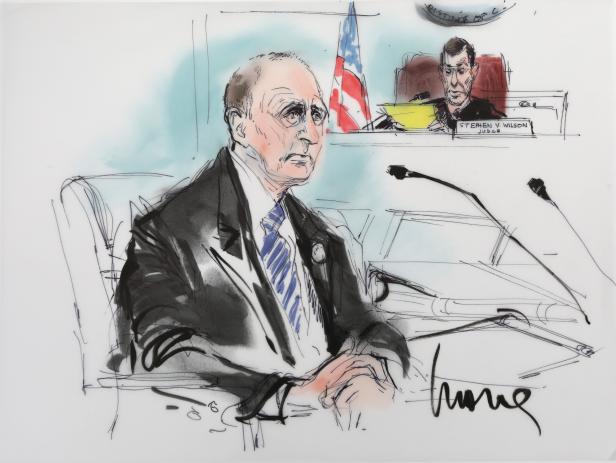 British cave diver Vernon Unsworth is shown with Judge Stephen Brown looking on in a courtroom drawing during the trial in a defamation case in which he is suing Tesla chief executive Elon Musk, in Los Angeles, California