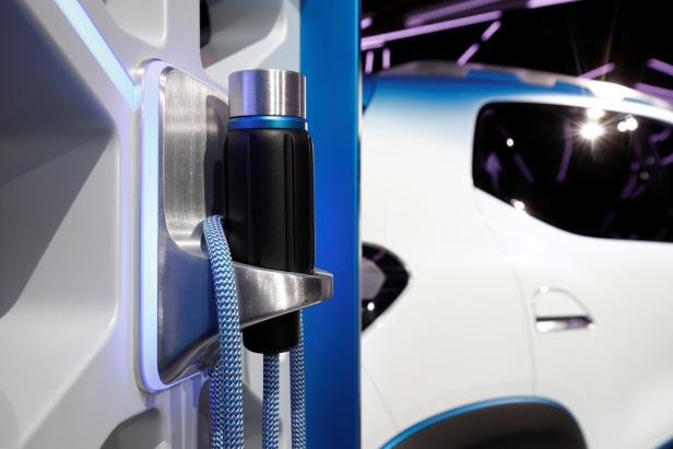 The charging plug of an electric show car called Renault K-ZE is pictured after its launch during an event entitled "The Electrical Revolution: The Story Continues" prior the opening of the Paris auto show in Paris