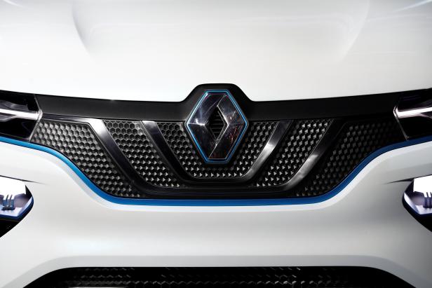 A Renault logo is seen on an electric show car called Renault K-ZE after its launch during an event entitled "The Electrical Revolution: The Story Continues" prior the opening of the Paris auto show in Paris