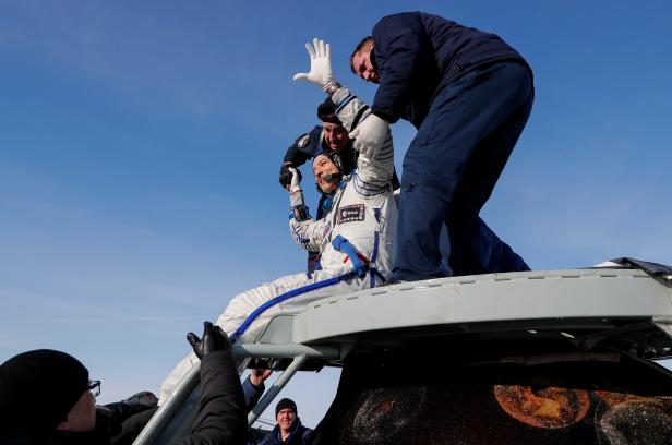 Landing of the Russian Soyuz MS-13 space capsule in a remote area southeast of Zhezkazgan in the Karaganda region of Kazakhstan