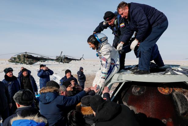 Landing of the Russian Soyuz MS-13 space capsule in a remote area southeast of Zhezkazgan in the Karaganda region of Kazakhstan