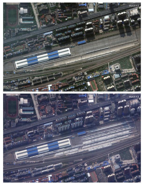 A combination of satellite image shows a train station before and during the coronavirus in Wuhan