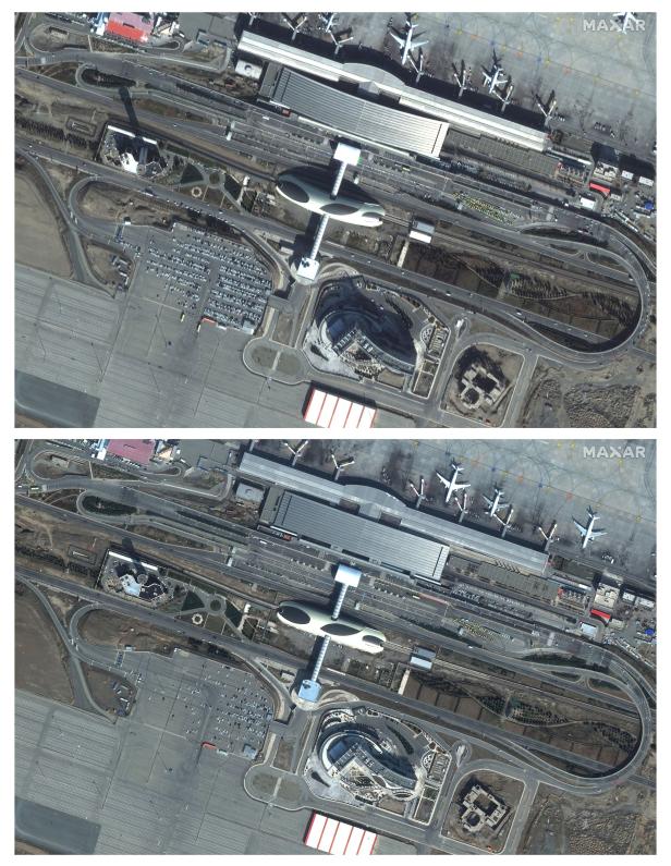 A combination of satellite images shows Tehran airport before and during the coronavirus in Iran