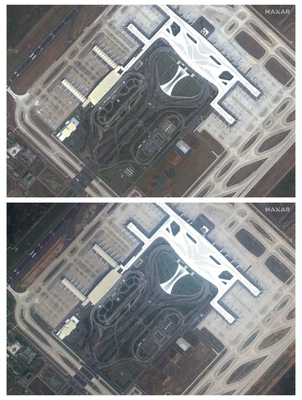 A combination of satellite image shows Wuhan airport before and during the coronavirus in China