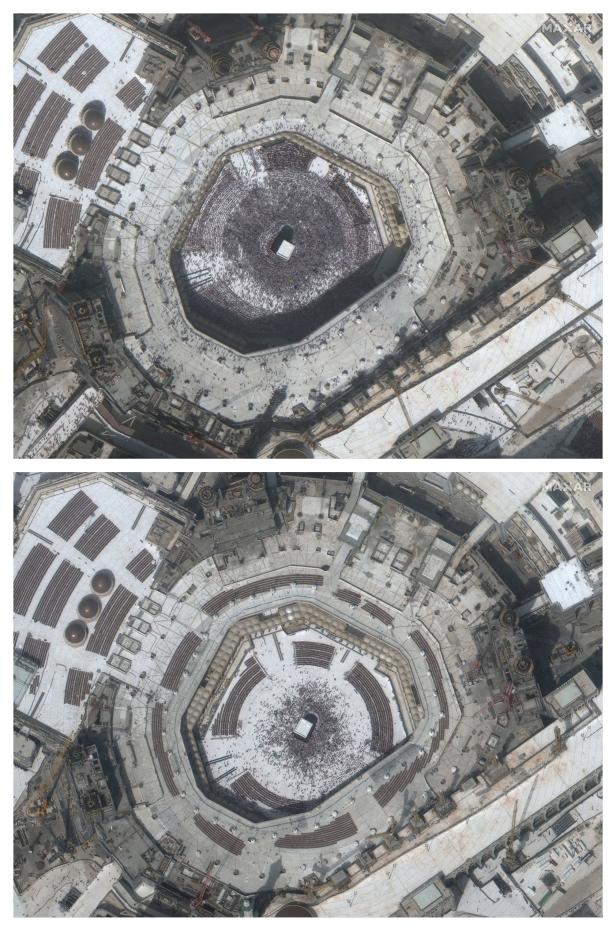 A combination of satellite images shows the Kaaba at the Grand Mosque in the holy city of Mecca before and during the coronavirus in Saudi Arabia