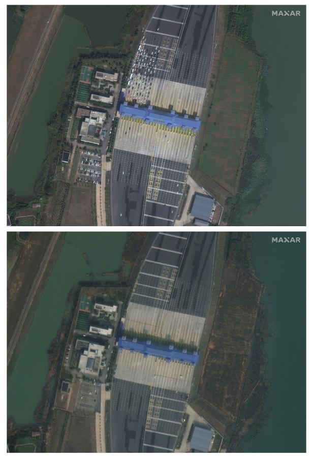 A combination of satellite images shows vehicles at a toll plaza before and during the coronavirus in Wuhan