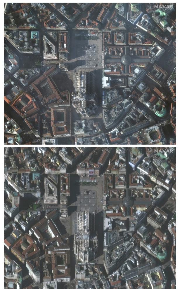 A combination of satellite image shows the Milan Duomo before and during the coronavirus in Italy