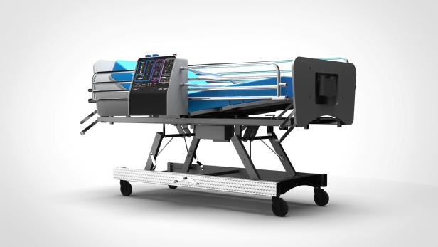 A graphic representation of CoVent ventilator attached to a hospital bed, designed by Dyson