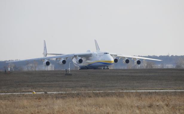 An Antonov An-225 Mriya cargo plane is seen before its first commercial flight after renovation at an airfield in the settlement of Hostomel outside Kiev