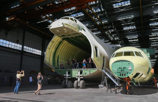 Ukrainian Antonov An-225 Mriya aircraft in the assembly shop of the Antonov aircraft plant in Kiev