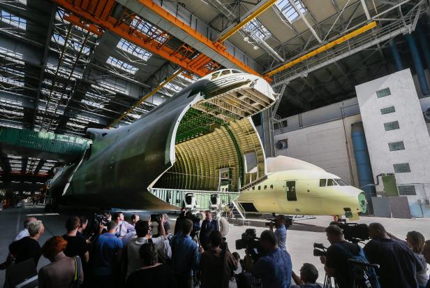 Ukrainian Antonov An-225 Mriya aircraft in the assembly shop of the Antonov aircraft plant in Kiev