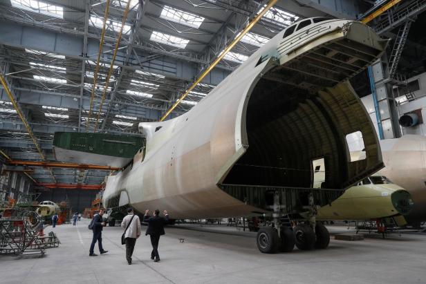 A view shows an airframe for an An-225 Mriya cargo plane at the Antonov aircraft plant in Kiev