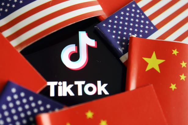 Illustration picture of Tiktok with U.S. and Chinese flags