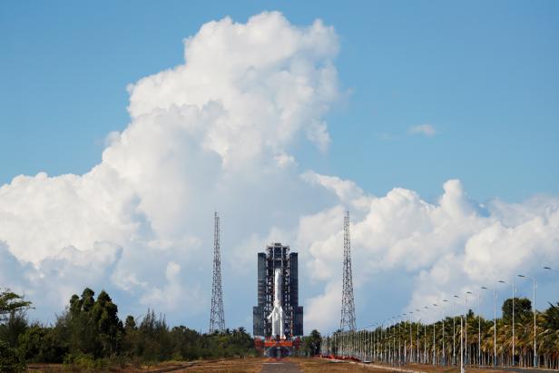 The Long March 5 Y-4 rocket carrying an unmanned Mars probe is seen before the launch at Wenchang Space Launch Center