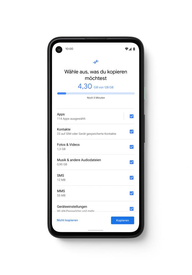Ein Smartphone-Bildschirm zeigt die Auswahl der zu kopierenden Daten an.