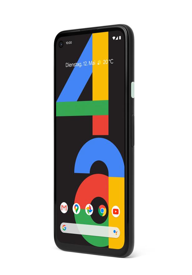 Ein Google Pixel 4a Smartphone mit dem Startbildschirm wird gezeigt.