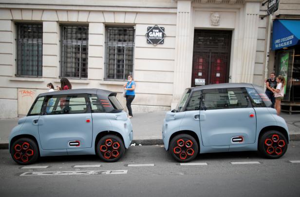 PSA's Citroen test drives new electric city car AMI in Paris