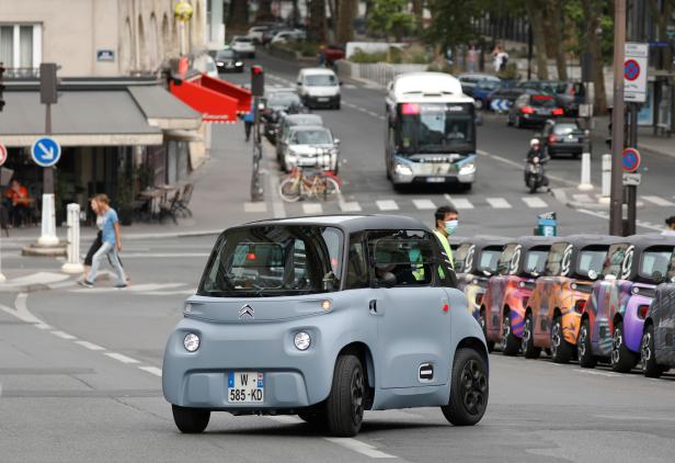 PSA's Citroen test drives new electric city car AMI in Paris