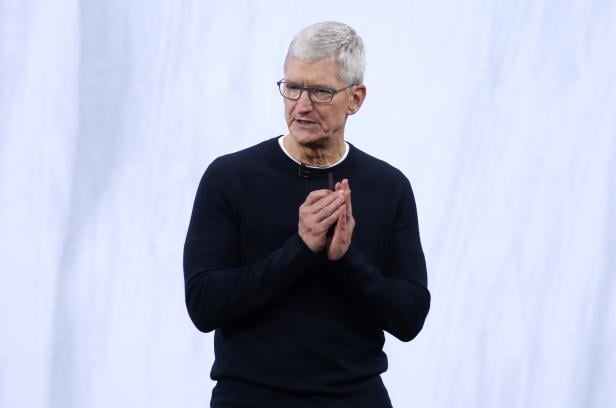 CEO Tim Cook speaks at an Apple event at their headquarters in Cupertino