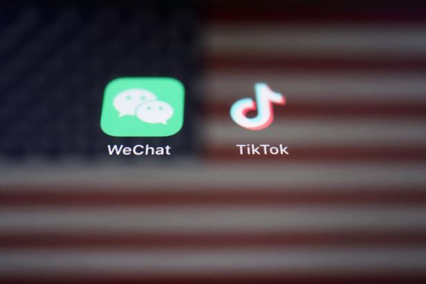 Illustration picture of U.S. flag with WeChat and TikTok