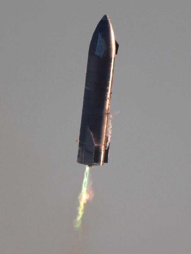 Test flight of SpaceX's first super heavy-lift Starship SN8 rocket after it launched from their facility in Boca Chica,Texas