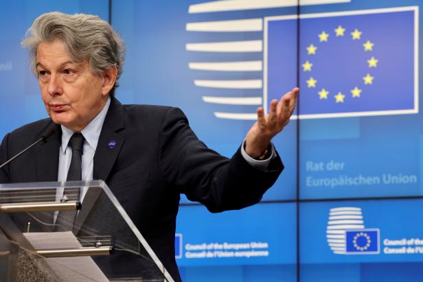 FILE PHOTO: European Commissioner for Internal Market and Services Thierry Breton talks during a news conference at the European Council headquarters in Brussels