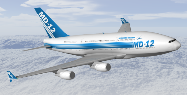 Eine McDonnell Douglas MD-12 im Flug über einer verschneiten Landschaft.