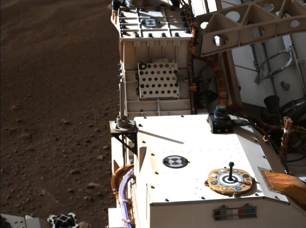 Mastcam-Z calibration targets of NASAs Perseverance Mars rover are seen on Mars