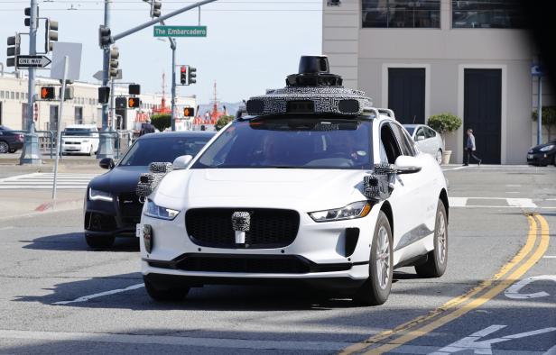 Waymo Jaguar electric self-driving vehicle on San Francisco street
