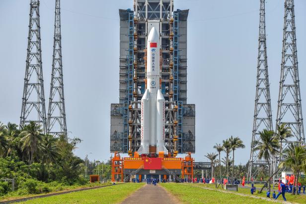 The Long March-5B Y2 rocket, carrying the core module of China's space station Tianhe, sits at the launch pad of Wenchang Space Launch Center