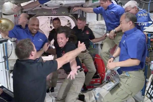 Crew 2 is welcomed by Crew 1 aboard the International Space Station