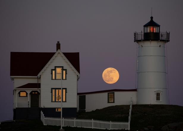 Super Pink Moon over Maine and Cape Neddick Nubble Lighthouse