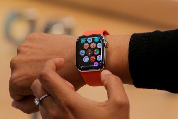 FILE PHOTO: An Apple Store employee shows the Series 5 Apple Watch in New York