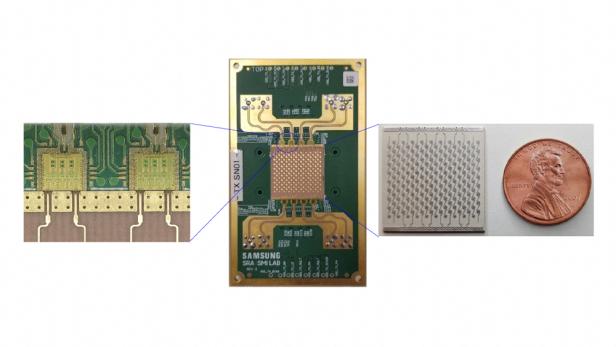 Dual-Kanal HF-Schaltkreis für 140 GHz (links), Phased-Array-Modul für 16 Kanäle im Bereich 140 GHz (Mitte), Antennen-Array (Rechts) mit einer US-Cent-Münze zum Größenvergleich