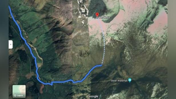 Gepunktete Wanderroute auf Ben Nevis auf Google Maps