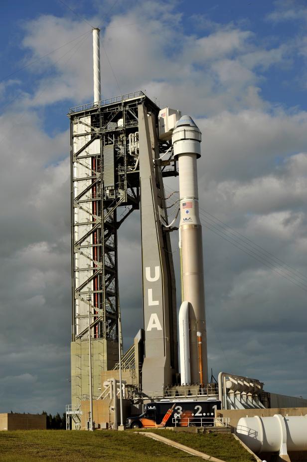 The Boeing CST-100 Starliner spacecraft, atop a ULA Atlas V rocket, stands at launch complex 40 at the Cape Canaveral Air Force Station