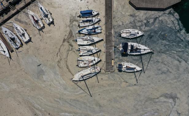 Aerial view of boats docked to a marina covered by sea snot in Istanbul